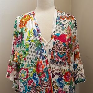 NEW Johnny Was Floral Silk Floral Kimono Tie Front with Ruffle Trim